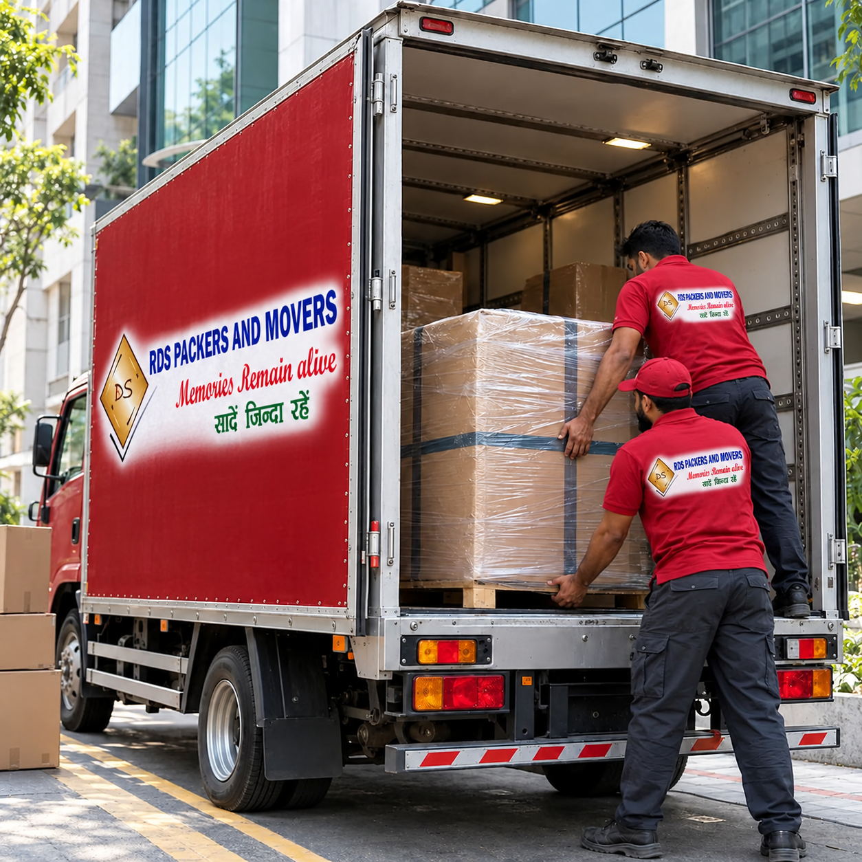 Moving team loading carefully packed belongings into a truck